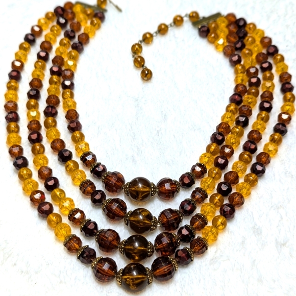 Jewelry - Vintage Multi-Strand Amber and Brown Acrylic Beaded Necklace